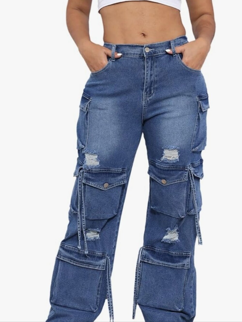 ThusFar High Waist Baggy Cargo Jeans - Distressed Blue Denim - Picture 2 of 8